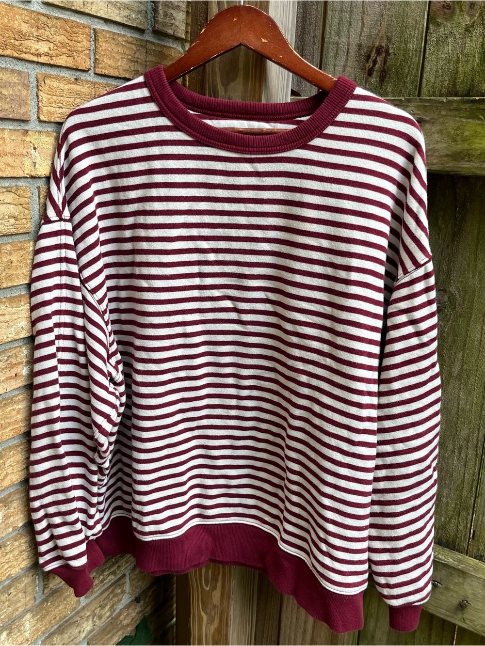 Aerie Oversized Maroon and White Striped Crewneck Sweatshirt